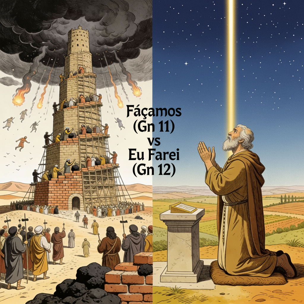 Contraste entre Babel e Abrão: Na bíblica, o PRINCÍPIO DO CONTRASTE é central da escrita hebraica, é o que vemos em Gênesis 11 e 12.